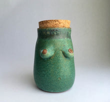 Load image into Gallery viewer, Green pottery jar with 2 inch wide cork stopper.
