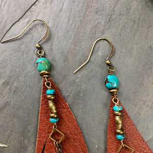 Turquoise and Leather Feather Earrings