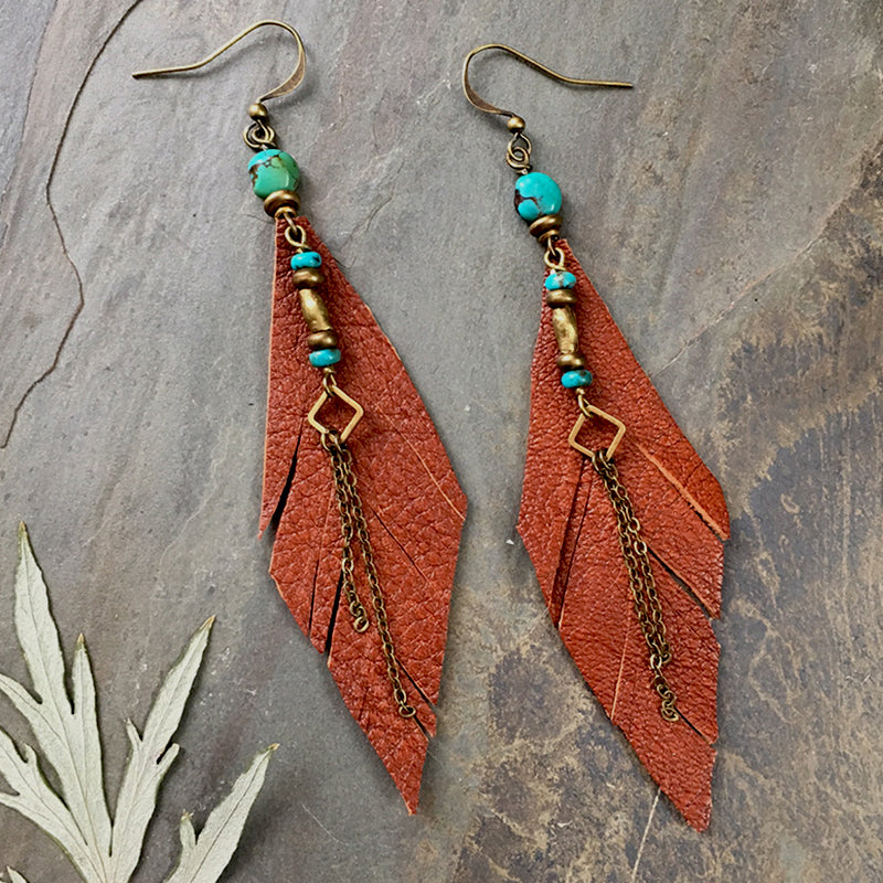 Turquoise and Leather Feather Earrings