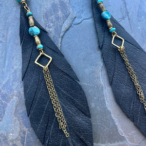 Jasmine Leather Feather and Turquoise Earrings