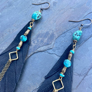 Jasmine Leather Feather and Turquoise Earrings