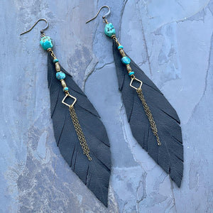Jasmine Leather Feather and Turquoise Earrings