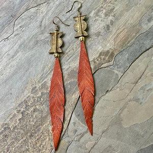 Long Leather Feather Earrings with Citrine