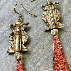 Long Leather Feather Earrings with Citrine