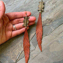 Load image into Gallery viewer, Long Leather Feather Earrings with Citrine
