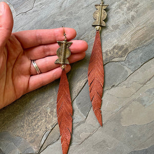 Long Leather Feather Earrings with Citrine